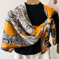 Peacock feather pattern satin scarf in ginger yellow, black and white color block - Ginger Black White Feather (FE106-1)