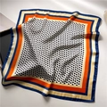 Detail of soft satin square scarf with vintage polka dots and multi-color stripe patterns - 70x70cm / Blue Trim