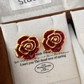 Elegant vintage red rose stud earrings with gold trim on beige display card - Large Vintage Red Rose Style (A-840)