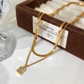 Double layered 18K gold plated snake and link chain necklace with square zircon pendant - White Zirconia Pendant