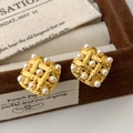 Elegant gold woven square stud earrings with embedded pearls in a velvet jewelry box - Woven Pearl Square Style (A-365)