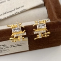 Vintage gold-toned woven stud earrings with rectangle crystal inlay on velvet box - Double Happiness Geometric Zircon Style (A-646)