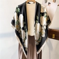 Elegant styling of 110cm silk shawl with white camellia flowers and gold chain pattern - Black Camellia Style (FE126-1)