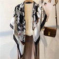 Elegant 110cm silk square scarf with vintage monochrome floral print and brown border - Black and White Freehand Floral Style (FE127-1)