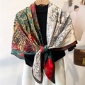 Detail of printed silk scarf with vintage botanical patterns on a black turtleneck - Colorful Vintage Tropical Plant Style (FE130-1)