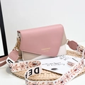 Fashion patchwork crossbody bag with embroidered wide strap and golden metal hardware - Pink