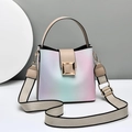 Chic gradient bucket bag in pastel pink and blue with a gold buckle and wide strap - Khaki