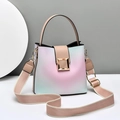 Gradient bucket bag in pink and mint green leather with wide fabric shoulder strap - Pink