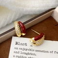 Elegant C-shaped gold earrings with red enamel and micro-set cubic zirconia stones - Ancorra Red
