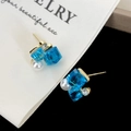 Detailed close-up of blue crystal earrings with s925 silver needle and white pearl accent - Double Crystal Stacked Studs / Gold Small Pearl Lake Blue Cube Crystal (A-1657)