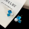 Detail of geometric stud earrings with deep blue square crystals and white pearls - Layered Geometric Studs / Gold Large Pearl Dark Blue Square Crystal (A-1657)