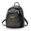 Mini black leather cat-ear backpack with purple sequins and rhinestone cat ears - Black