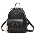 Mochila de moda en cuero sintético negro para mujer con orejas de gato y pompón suave - Grande / Negro