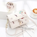 White square shoulder bag with colorful art prints and stylish wide embroidered strap - White