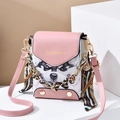 Mini husky print crossbody bag in pink and white with silk scarf and chain strap - Dog-Pink