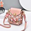 Mini borsa a tracolla a scacchi rosa e beige con manico in seta e fibbia in perla elegante - Rosa