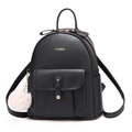 Sac à dos chic en cuir souple noir pour femme avec logo doré et pompon en fourrure - Grand / Noir