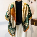 Green and orange geometric vintage silk scarf 110cm with retro botanical patterns - Green and Orange Contrast Plant Style (FE131-2)