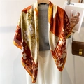 Retro style square silk scarf featuring floral patterns and orange geometric blocks - Caramel Orange Abstract Floral Style (FE131-3)
