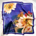 Detail of silk square scarf featuring purple gradient lotus and golden bamboo leaf prints - Purple Large Floral (FJ661-2) / 70x70cm