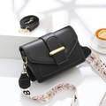 Classic black leather square crossbody bag with gold hardware and stylish wide canvas strap - Black