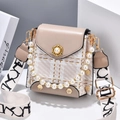 Mini bolso bandolera beige de cuadros con asa de perlas y correa de lona estampada - Caqui