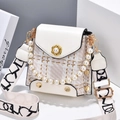 Mini white checkered crossbody bag with pearl floral buckle and stylish wide strap - Off White