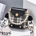 Mini plaid tweed and black leather shoulder bag with pearl handle and wide strap - Black