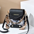 Black mini crossbody bag with cartoon cat print and silk scarf handle detail - Black Cat