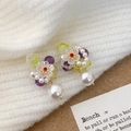 Close-up of floral drop earrings with colorful resin petals and white teardrop pearls - A-1481 Waterdrop Pearl Drop Earrings