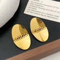 Close-up of golden oval stud earrings with intricate wire-woven texture detail - Chain Texture Oval Patchwork Style (A-1796-Gold)