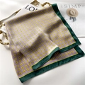 Elegant purple silk-feel scarf with geometric G-pattern and deep green border detail - Lavender and Dark Green (FJ680-3)