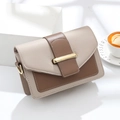 Minimalist square flap bag in beige and brown leather with gold buckle detail - Coffee