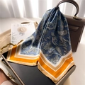 Foulard quadrato di seta 70cm con motivo paisley blu e arancione su borsa in pelle di lusso - 70x70cm / Blu Scuro Arancione Verde (FJ696-4)