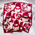 Elegant red and cream camellia silk square scarf with premium artistic floral patterns - 70cmx70cm / Red (FJ704-1 Red)