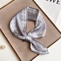 Elegant grey satin skinny scarf with white interlocking ring patterns and white edges - 76x13cm / Neutral Grey Geometric Chain