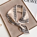 Elegant beige satin skinny scarf with chain pattern on a premium display tray - 76x13cm / Apricot Beige Geometric Chain
