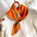 Elegant orange silk scarf with horse carriage pattern tied on a white shirt collar - 76x13cm / Vintage Orange Horse Carriage