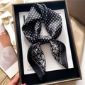 Elegant black and white silk neck scarf with diamond patterns and floral print in a gift box - 70x70cm / Black