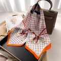 Elegant silk scarf with orange horse equestrian pattern draped on a leather handbag - 70x70cm / Orange (FJ707-3)