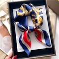 Silk-textured square scarf with vintage blue and red chain print displayed in a gift box - Navy Blue Red (FJ710-1)
