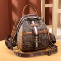 Brown vintage printed mini leather backpack with striped webbing and letter pattern - 9335FIDM Earthy Yellow