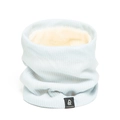 Detail of light blue knitted neck warmer showing thick fleece lining and brand label - Light Blue