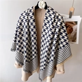 Classic navy and beige houndstooth scarf with fringe tassels and thick warm texture - Navy Blue
