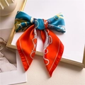 Foulard di seta 70cm stampa equestre vintage per capelli e decorazione borsa di lusso - Stile Fiocco a Contrasto Arancione e Blu (FJ636-3)