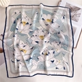 Elegant 70cm square silk scarf with lotus print and navy blue borders on beige background - 70x70cm / Lotus Flower Print Style (FJ635-1)