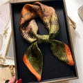 Lace and paisley pattern silk square scarf in orange and green on a display box - Orange Green Brown Gradient (FJ637-3)