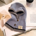 Detail of light blue knitted balaclava hood with contrasting grey trim and buttons - Blue And Gray Contrast