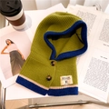 Detail of knitted hooded scarf in avocado green and navy blue with button fasteners - Avocado Green and Navy