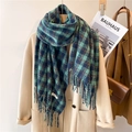 Winter plaid scarf with tassels in deep blue and orange, warm cashmere-like soft wrap - Dark Blue Green Orange Plaid (WT78-2)